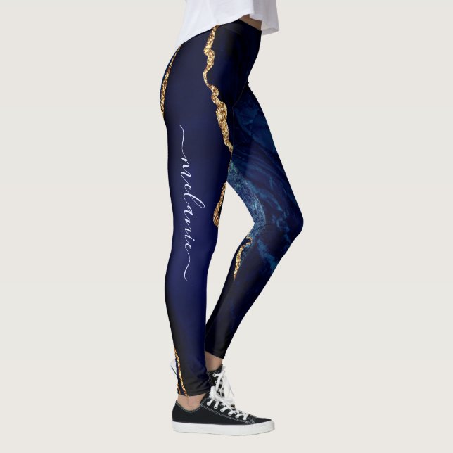 Blå Guld Glitter Leggings Anpassat Namn och Boksta (Höger)