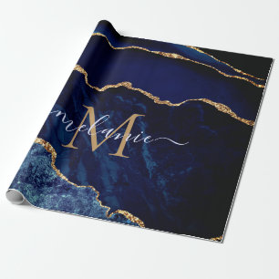 Blå Guld Glitter Monogram Namn Wrapping Papper Presentpapper