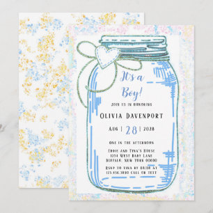 Blå Guld Glitter Murad Glas Pojke Baby Shower Inbjudningar