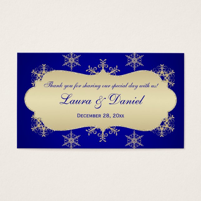 Blå, Guld Glittery Snöflingor Wedding Favor Märkre Visitkort (Framsidan)