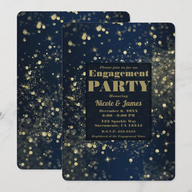 Blå & Guld Glittrande Ljus Lyxigt Förlovningsfiran Inbjudningar (Fram/baksida)