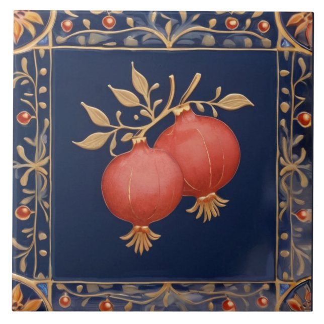 Blå & Guld Granatäpplen Rosa Rött Granatäpple Kakelplatta (Framsidan)