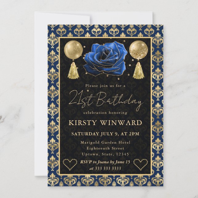 Blå & Guld Hjärt-Damask & Ros 21-årsdag Inbjudningar (Framsida)