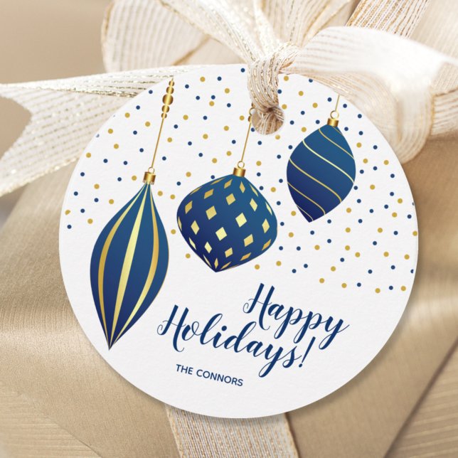 Blå Guld-julprydnad Dots Helgdag ROUND Gåvor Etiketter (Skapare uppladdad)