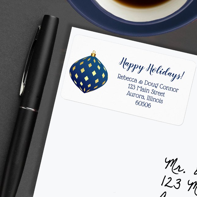 Blå Guld-julprydnaden Helgdag Adress Adressetikett (Blue and gold Christmas ornaments holiday return address labels)