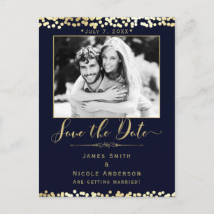 Blå & Guld Konfetti Foto Bröllop Save the Date Meddelande Vykort