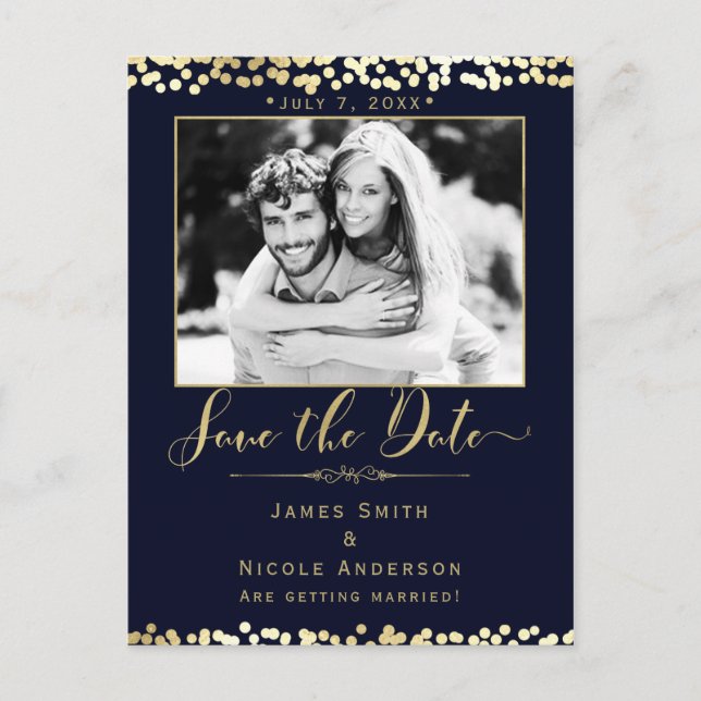 Blå & Guld Konfetti Foto Bröllop Save the Date Meddelande Vykort (Framsida)