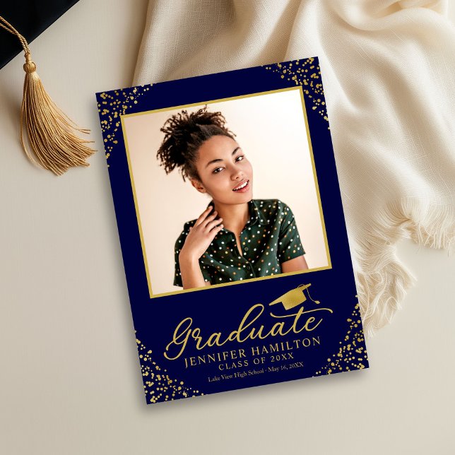 Blå Guld Konfetti Foto Examen Meddelande  Inbjudningar (Skapare uppladdad)