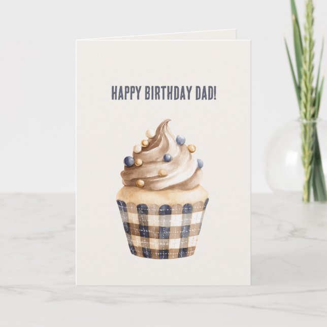 Blå Guld Kräm Cupcake Födelsedag Kort (Framsida)
