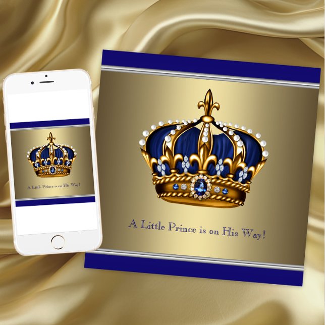Blå Guld Krona Lille Prins Pojke Bebis Dusch Inbjudningar (Blue Gold Prince Baby Shower Invitation. Instant download and printed invitations available.)