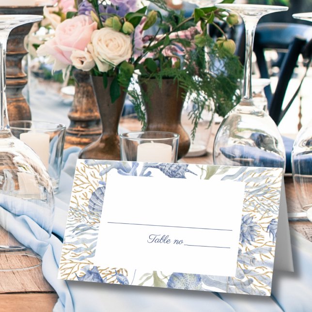 Blå Guld Kustvik Foldbar Platskort Placeringskort (Blue Gold Coastal Folded Place Card)