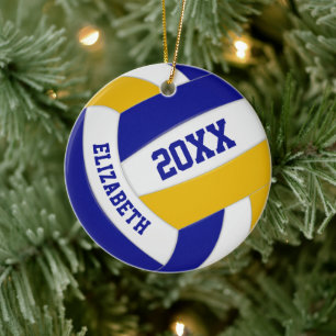 Blå guld-laget färger-pojkar sportvolleyboll julgransprydnad keramik