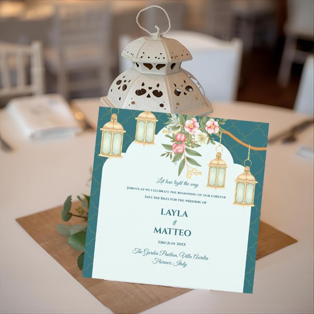 Blå Guld Lantern Bröllop Meddelande (Floral Teal Blue Golden Lantern Wedding Announcement)