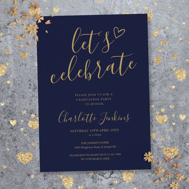 Blå Guld Låt Oss Fira Utexamensfest Inbjudningar (Blue Gold Let's Celebrate Script Graduation Party Invitation)