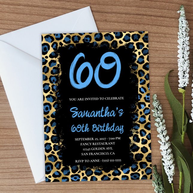 Blå Guld Leopard, målad svart 60:e födelsedag Inbjudningar (Create your own blue and gold leopard birthday invitation.)