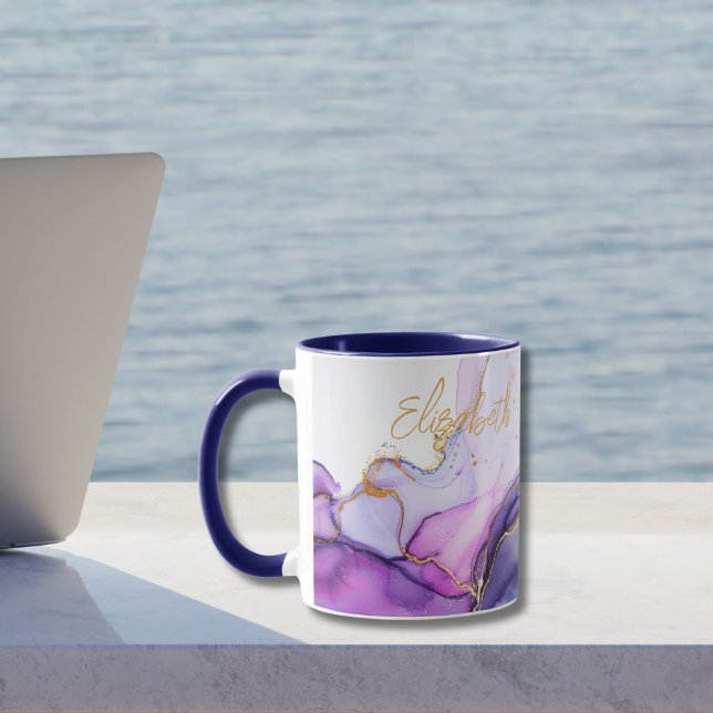 Blå Guld Lila Akvarell Monogram Namn Present Till  Mugg (Monogrammed Name Blue purple gold alcohol ink watercolor Two tone colored mug)