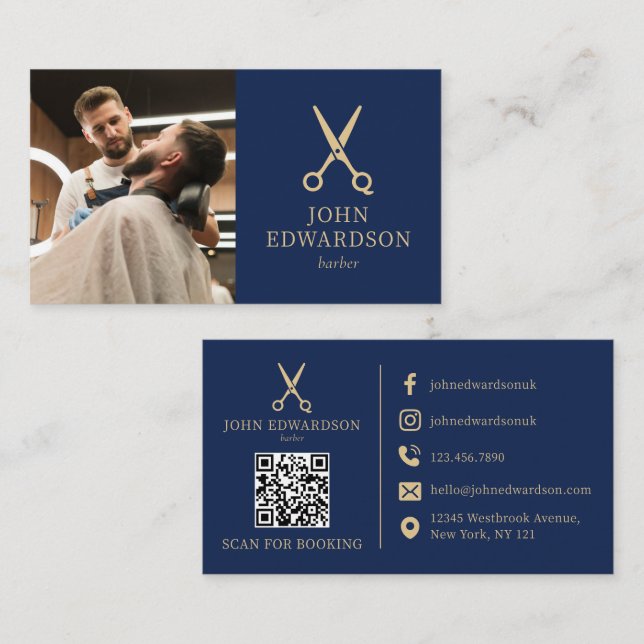 Blå Guld Lyx Barberare Sax Foto QR-kod Visitkort (Fram/baksida)