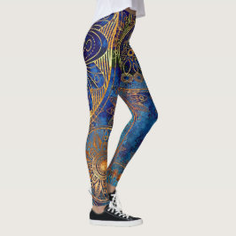 Blå Guld Mandala Celestial Steampunk Mönster Leggings