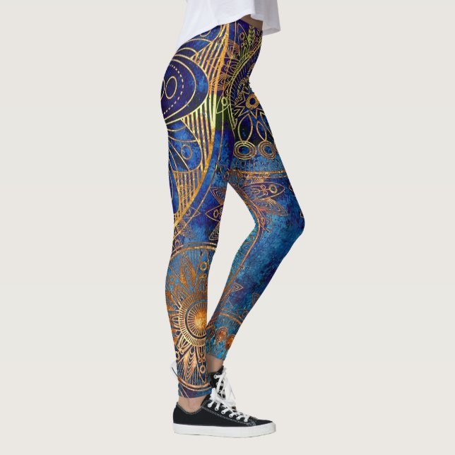 Blå Guld Mandala Celestial Steampunk Mönster Leggings (Höger)