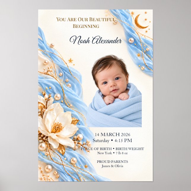 Blå Guld Måne Baby Foto Födelseminne Poster (Framsidan)