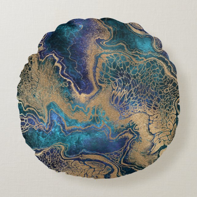 Blå-guld marbling: abstraktens bakgrund. rund kudde (Framsidan)