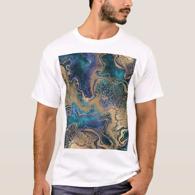 Blå-guld marbling: abstraktens bakgrund. t shirt (Framsida)