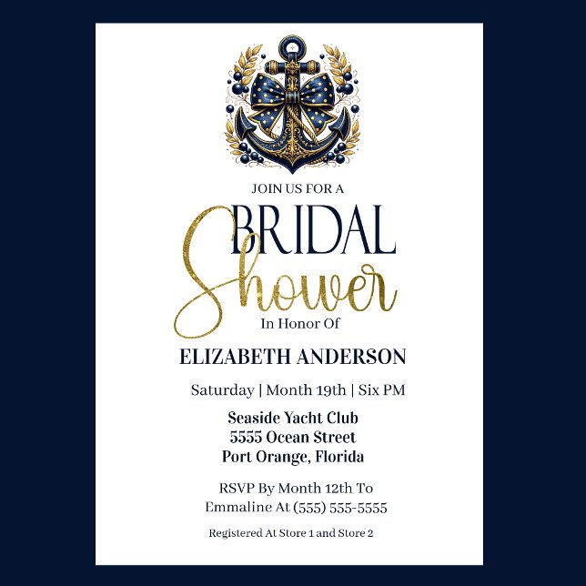 Blå Guld Marin Ankare Bröllopsdusch Brudfest Inbjudningar (Nautical blue and gold anchor bridal shower invitation with photo elegant seaside theme
)