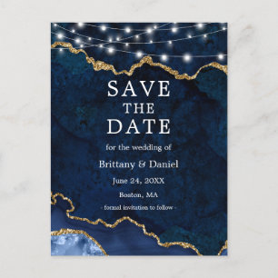 Blå Guld Marmor Geod Ljus Save The Date Meddelande Vykort