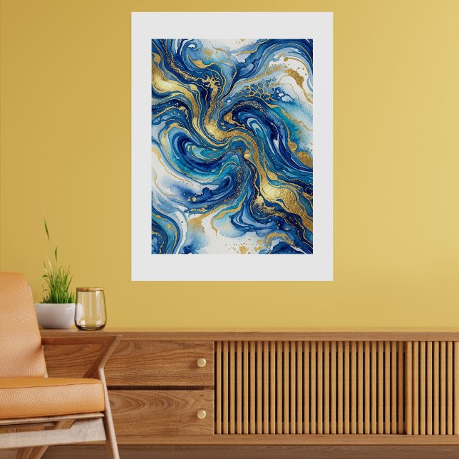 Blå Guld Marmor Lyx Abstrakt Fluid Konst Vägg Poster (Vardagsrum 2)