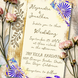 Blå & Guld Mexikansk Otomi Barock Elegant Bröllop Inbjudningar