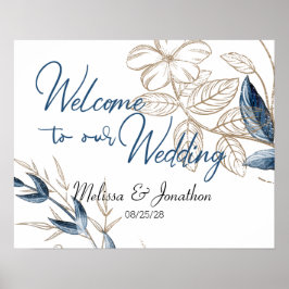 Blå Guld Modern Blommig Elegant Bröllop Poster