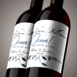 Blå Guld Modern Blommig Elegant Bröllop Vinflaska Etikett