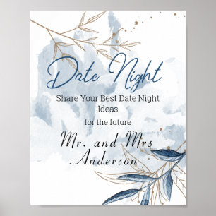Blå Guld Modern Blommig Elegant Dejtingskväll Skyl Poster