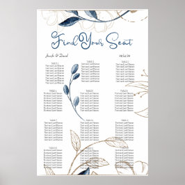 Blå Guld Modern Blommig Elegant Sittplatskarta Poster
