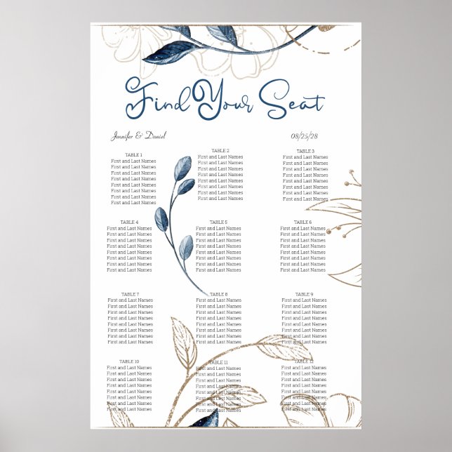 Blå Guld Modern Blommig Elegant Sittplatskarta Poster (Framsidan)