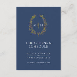 Blå guld monogram bröllop-riktningar och schema tilläggskort