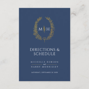 Blå guld monogram bröllop-riktningar och schema tilläggskort