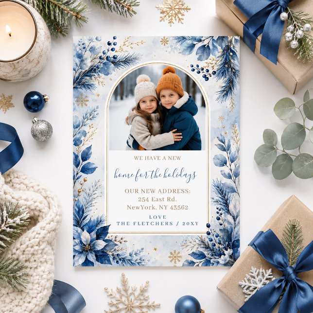Blå Guld Nytt Hem för Högtider Foto Flyttar Julkort (Blue Gold New Home for Holidays Photo Moving Holiday Card)