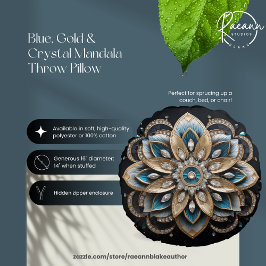 Blå, Guld och Crystal Mandala Round Pillow Rund Kudde