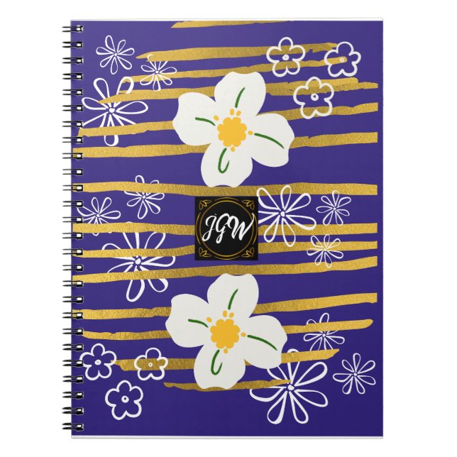 Blå, Guld och vit blomma Anteckningsbok (Framsidan)
