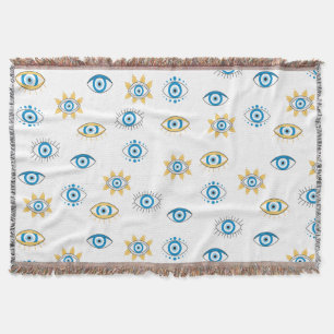 Blå, Guld och vit grekisk Öga Mati Mönster Filt