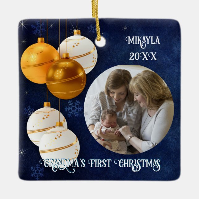 Blå, Guld och vita mormor Första jul Julgransprydnad Keramik (Framsida)