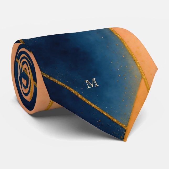 Blå Guld Orange Geometrisk Mönster Monogram Slips (Rullad)