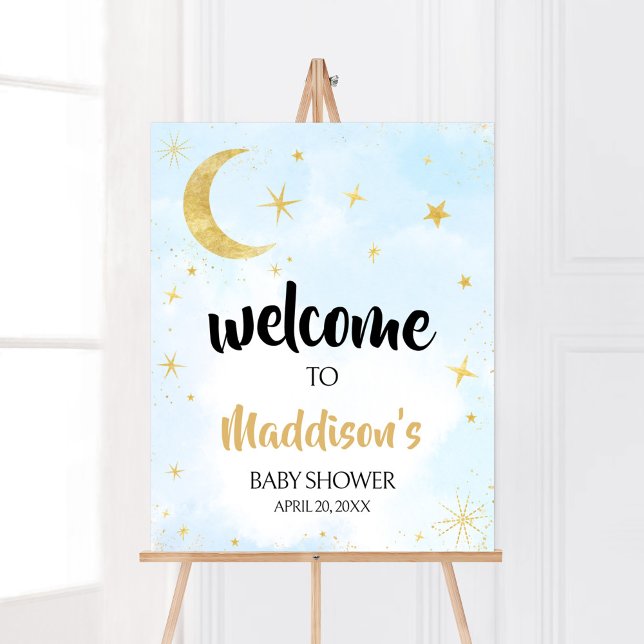 Blå Guld över Måne babyduschen Välkomna Poster (Moon and Stars Baby Shower Welcome Sign)