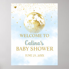Blå Guld över Måne babyvisningsskylten Välkomsthäl Poster