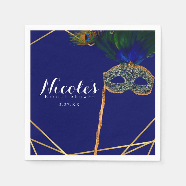 Blå & Guld Påfågel Maskerad Anpassad Fest Pappersservett (Framsidan)
