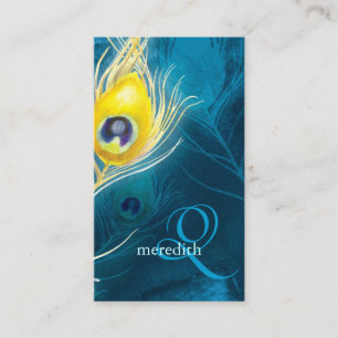 Blå Guld Peacock Feathers Monogram Visitkort