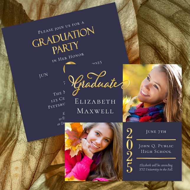 Blå | Guld Photo Studenten meddelande | PARTY Inbjudningar (Blue and Gold Tone Two Photo High School Graduation Announcement and Party Invitation -Print Digital)