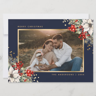 Blå Guld Poinsettia Bär Foto Jul Julkort