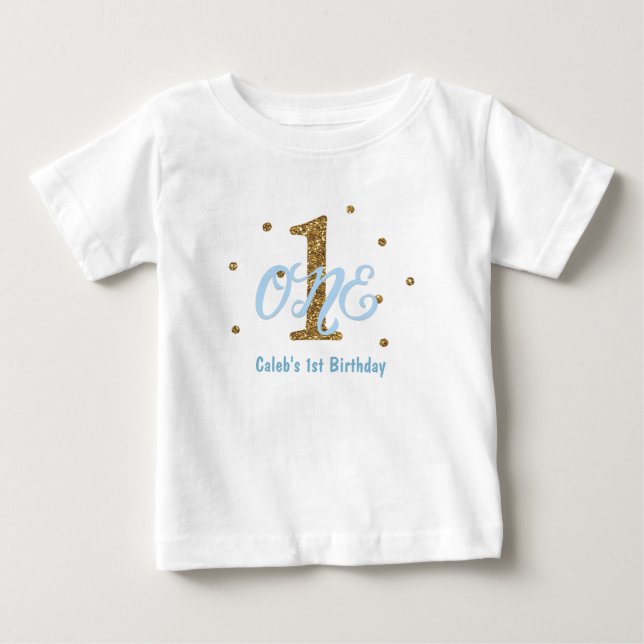 Blå & Guld Pojkar ONE 1-års Födelsedagsfest Anpass T-shirt (Framsida)